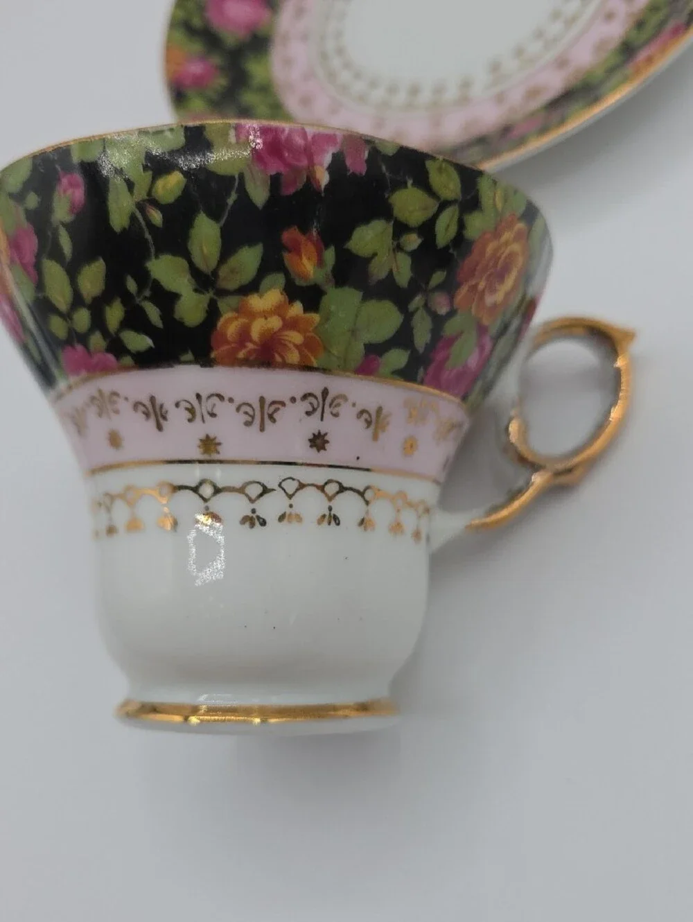 Floral Cup and Saucer Vintage Design # 4683 Multi-Color with Gold Trim